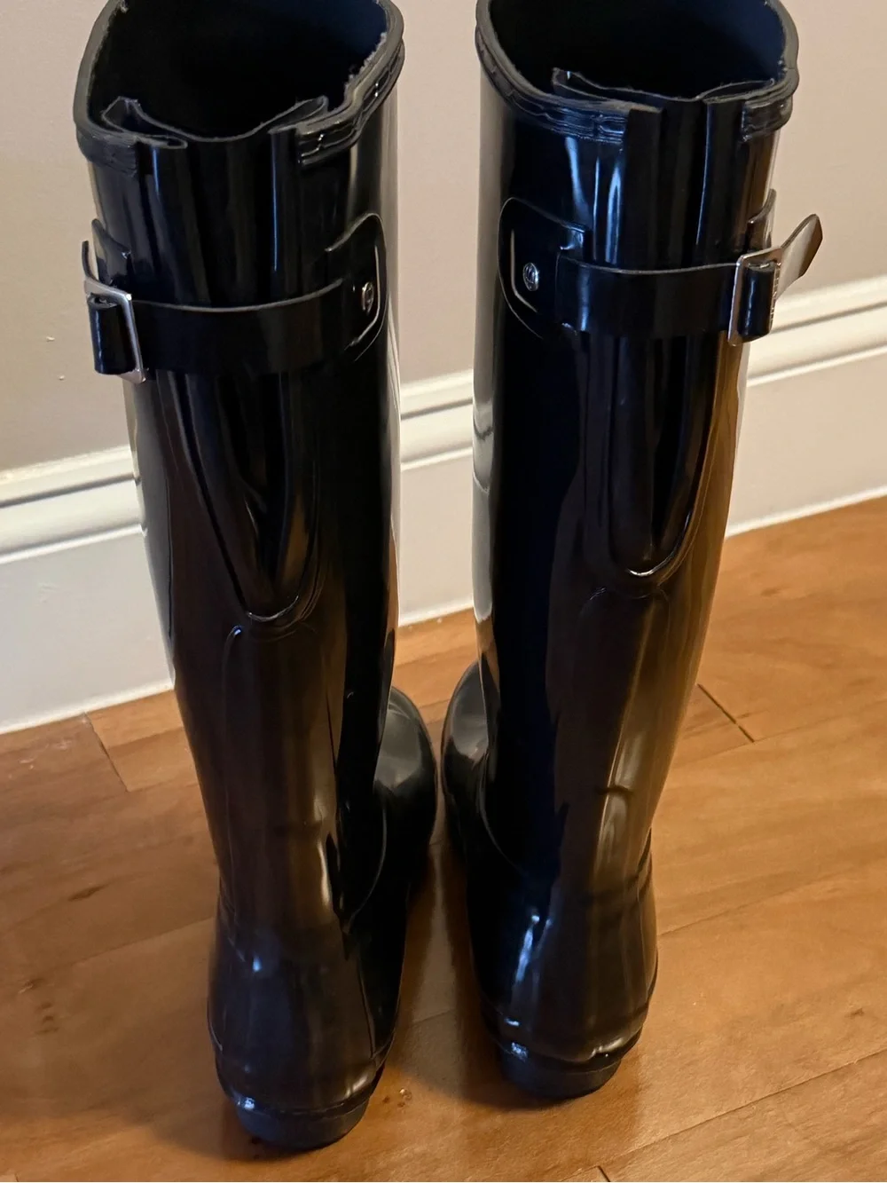 Hunter Tall Glossy Rain Boots Adjustable Back with Fleece Boot Liner